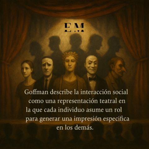 Personas con máscaras sobre un escenario teatral que representan los roles sociales, inspirado en la teoría de Goffman.